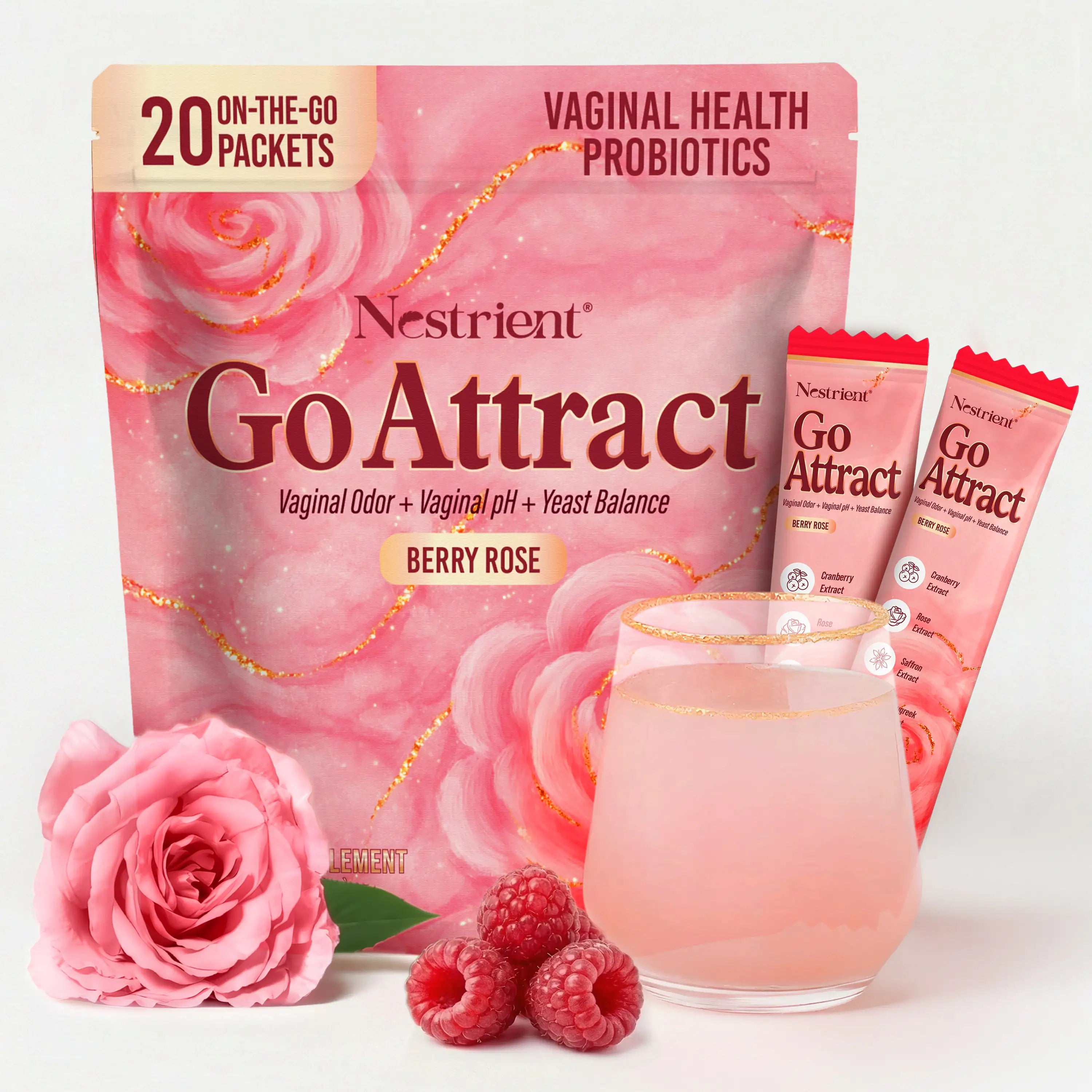 Nestrient GoAttract feminine balance glow drink mix with probiotics and rose extract in berry rose flavor, shown in a glass with ingredients