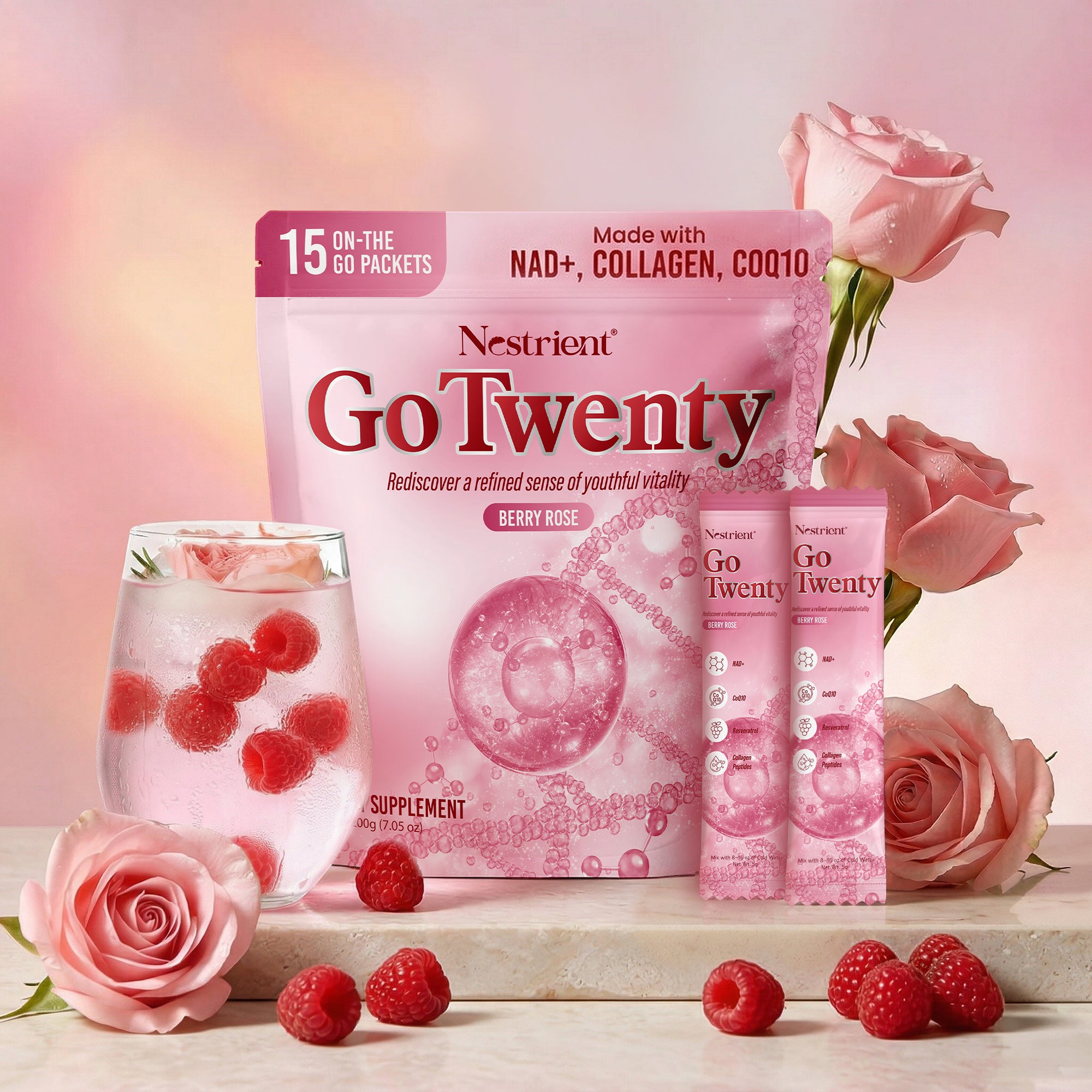 Nestrient GoTwenty Youthful Vitality Powdered Drink Mix with NAD+, Collagen, COQ10 – Berry Rose Flavor