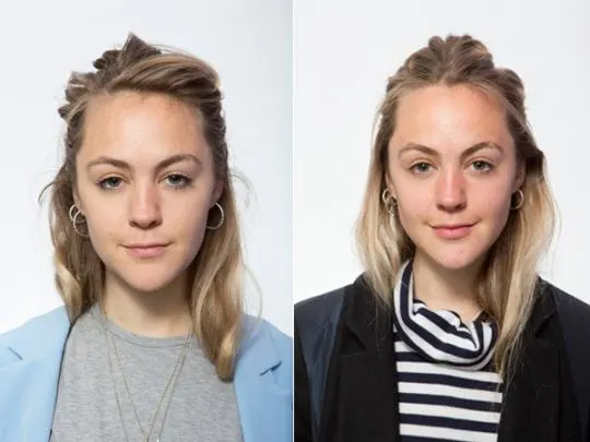 Side-by-side comparison of a woman with different hairstyles and outfits against a white background