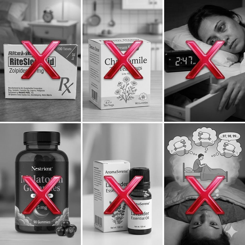 Collage of various sleep aid products with a red 'X' over them, set against a black and white background.