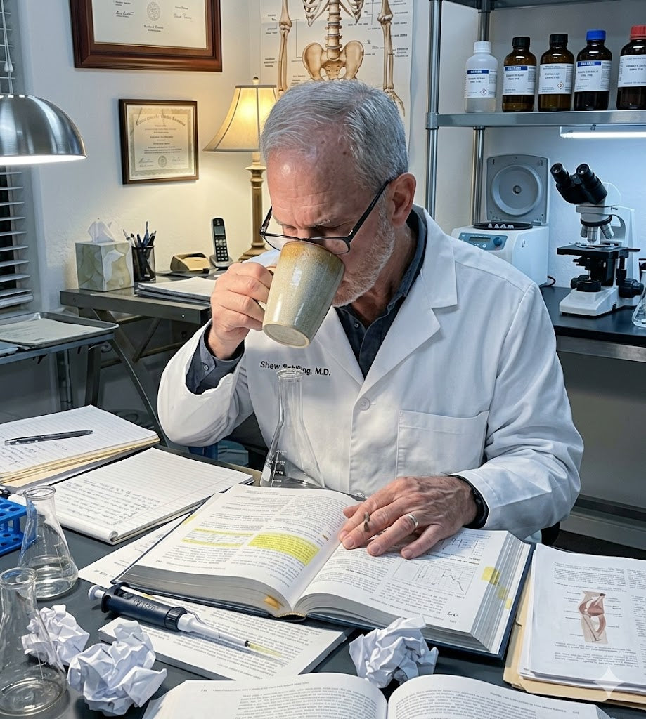 Man in a lab coat reading a book while drinking from a mug.