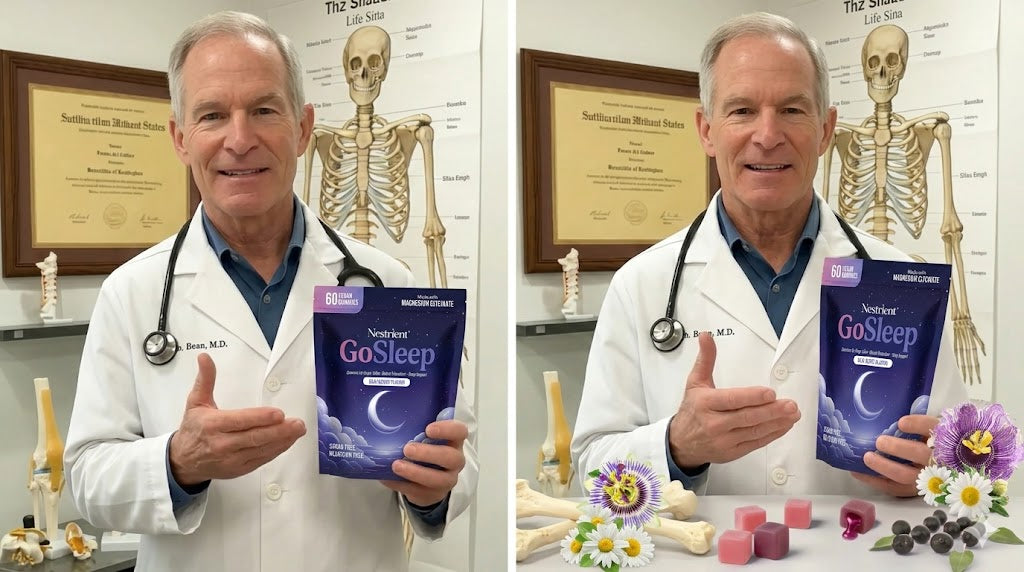 Two images of a doctor holding a supplement package labeled 'GoSleep' in a medical office setting.