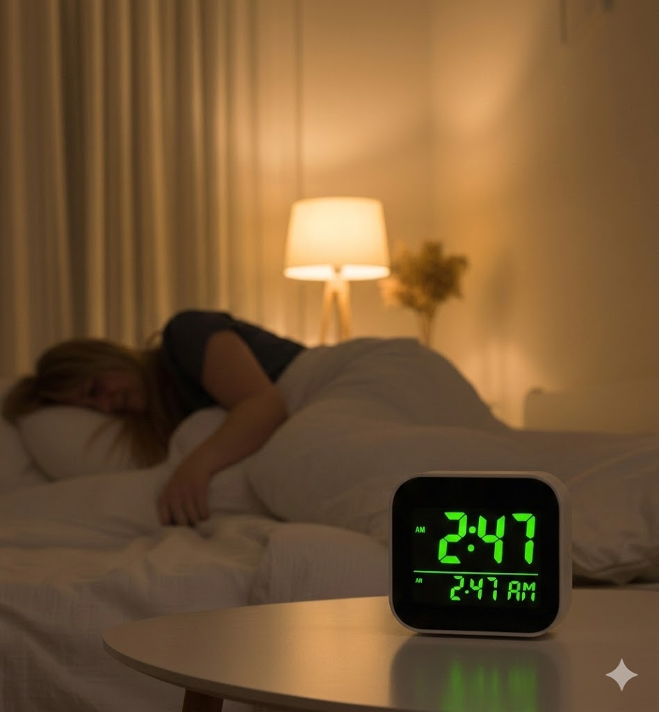 Digital alarm clock on a nightstand with a person in bed in the background