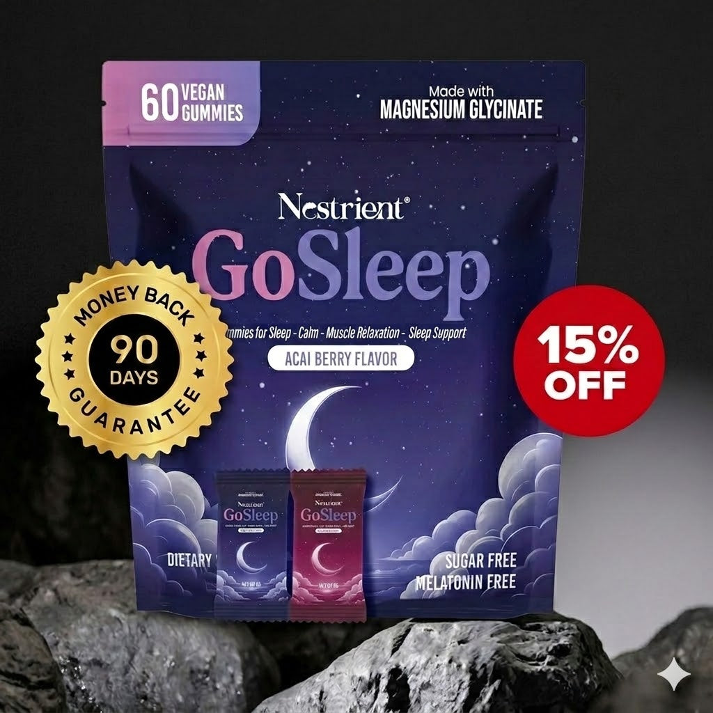 Nestrient GoSleep supplement package with promotional text on a dark background