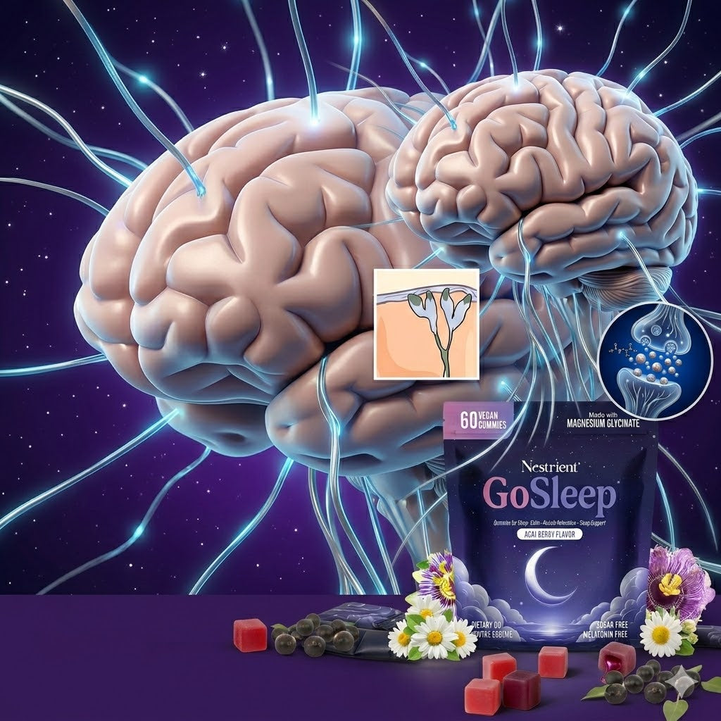 Illustration of a brain with neural connections and a container labeled 'Nestlé GoSleep' on a purple background.