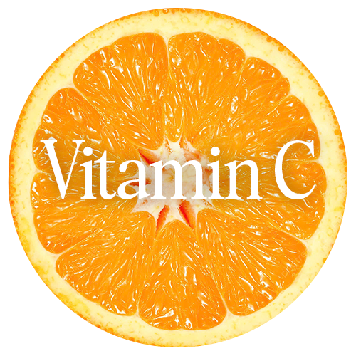 Sliced orange with 'Vitamin C' text on a white background