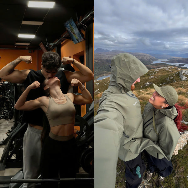 Two split images: one of a person flexing muscles indoors, the other of two people in raincoats on a mountain landscape.